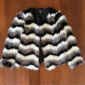 Faux Fur Chevron Stripe Shag Jacket size L Black White Grey Fur